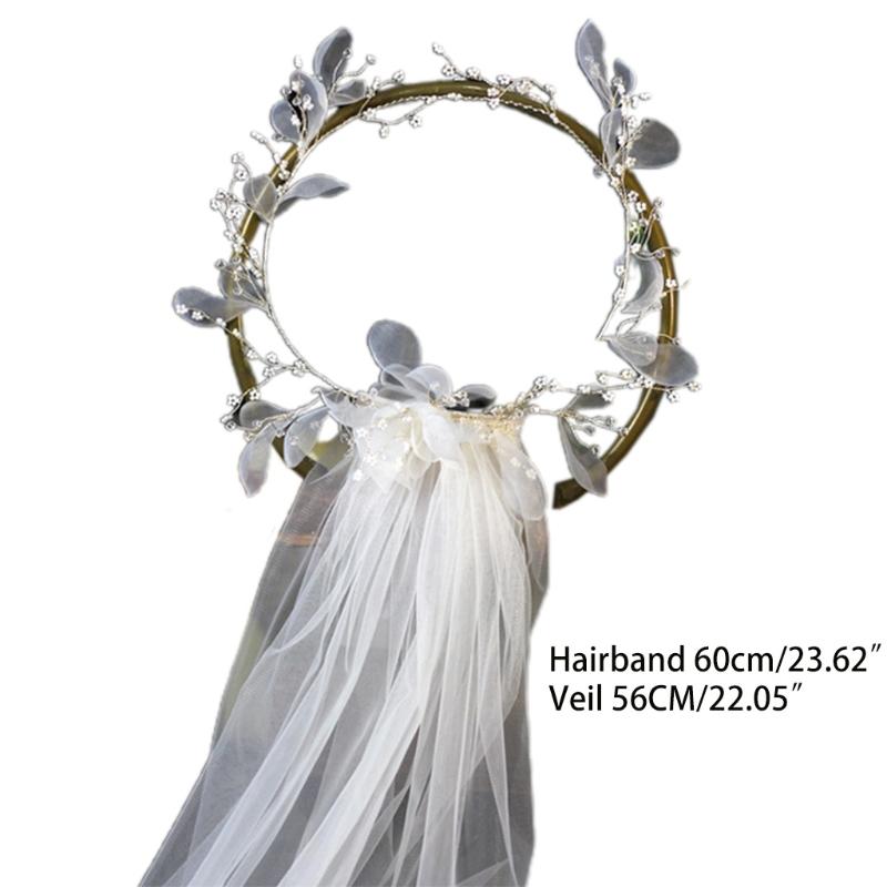 Bridal Veil with Boho Flower Crown One Layer Cut Edge Tulle Petite Beads Decorated Loop Short Veils for Flower Girls