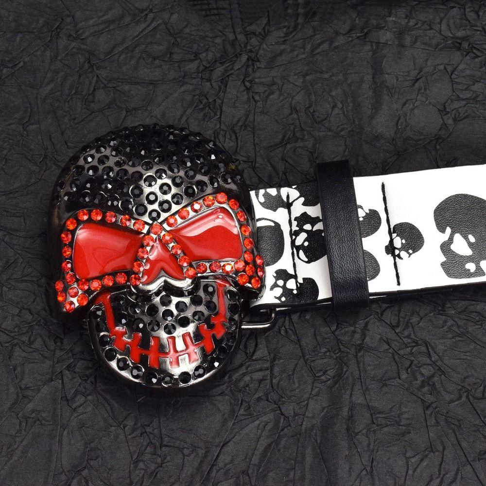 Rhinestone Skull Print Belt Pu Leather Halloween Skeleton Waistband  Belt Accessories