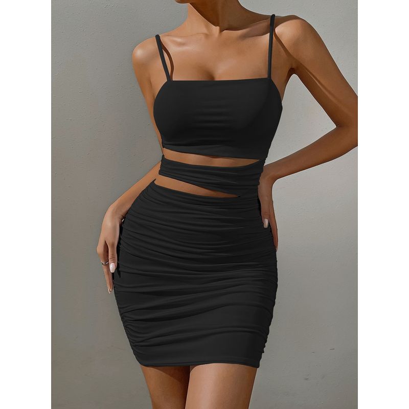

Black Slim Looking Stretch Ruched Skinny Sheath Sexy Short Skirt Fashion Style Cut Out Design Mini Sling Dress Black L