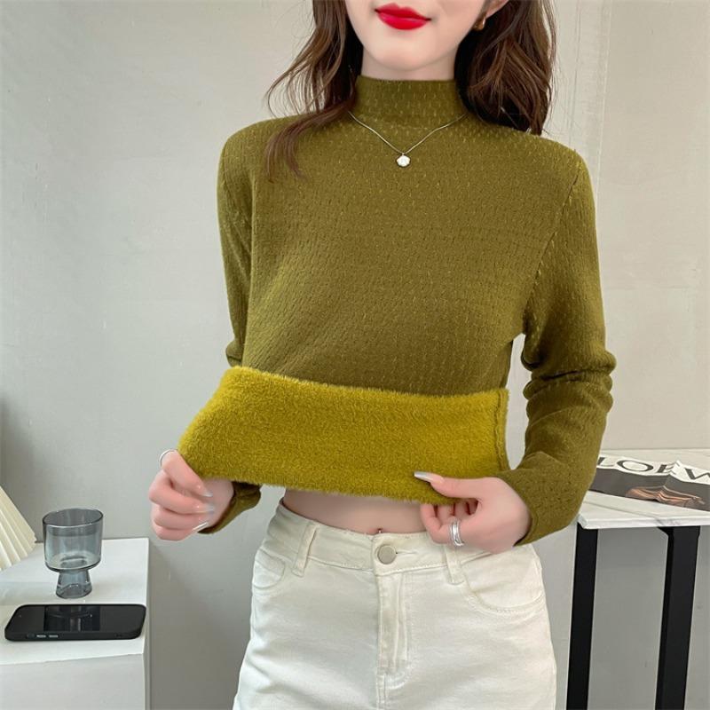 Autumn and winter fleece thickened sweater schoolgirl integrated fleece with semi-turtleneck knitted wool cashmere bottoming shirt top