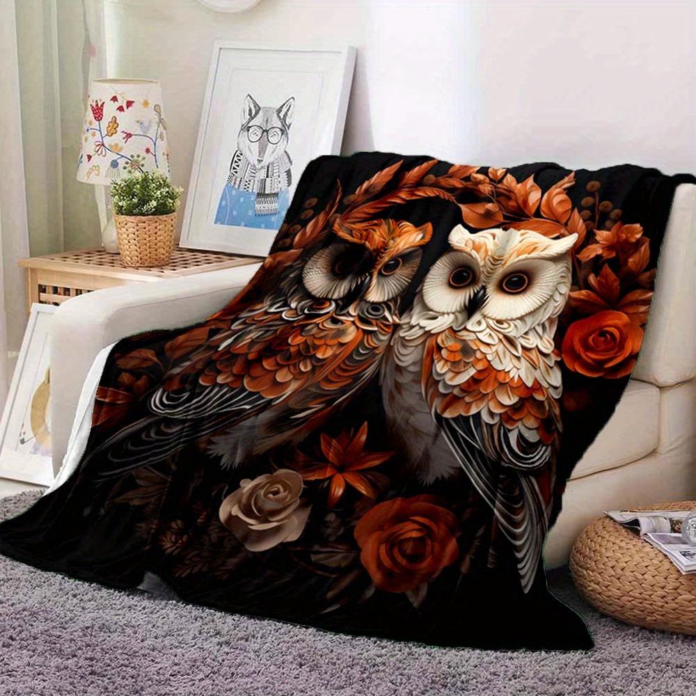 Warm Owl Pattern Flannel Sofa Blanket, Cozy Multi-Purpose Floral & Owl Design for Bed Home Office 75X95CM