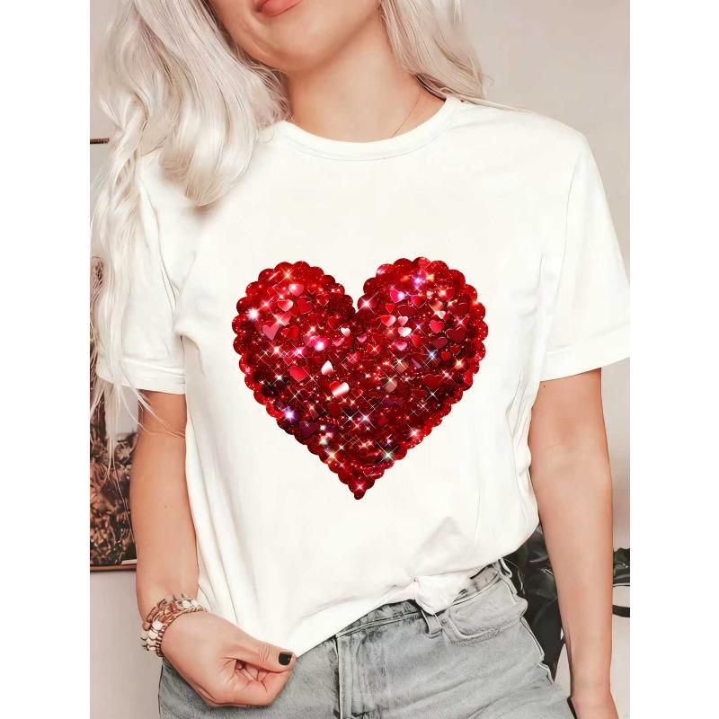 Black Oversized T Shirt With Red Sequin Heart Print For Casual Wear And Party Outfits