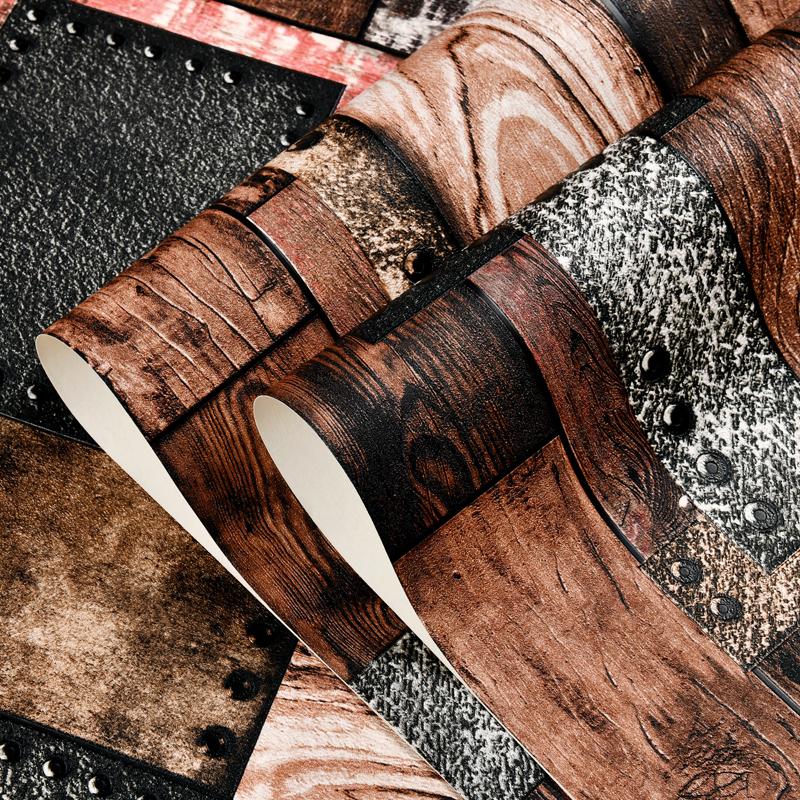 Industrial Retro Wood Grain Wallpaper for Restaurant Home Rivet Decor Papel De Parede Cafe Bar Wallcovering