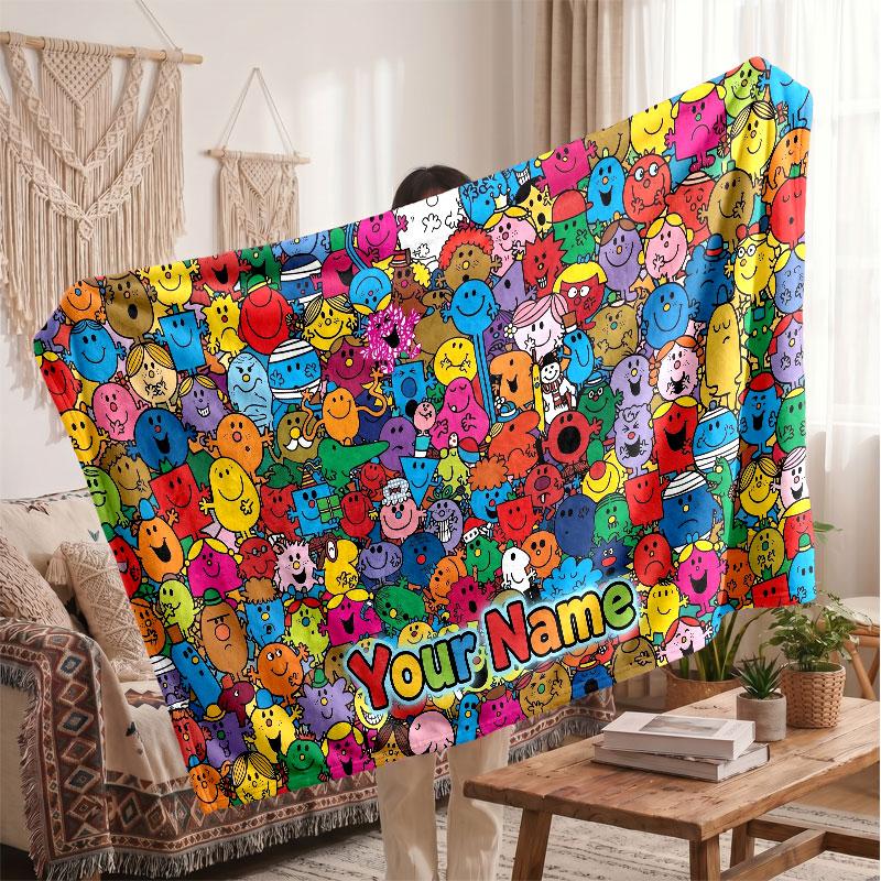 Mr. Men & Little Miss Personalized Flannel Blanket, Custom Printed Text Name, Warm Soft Blanket For Couch Bed