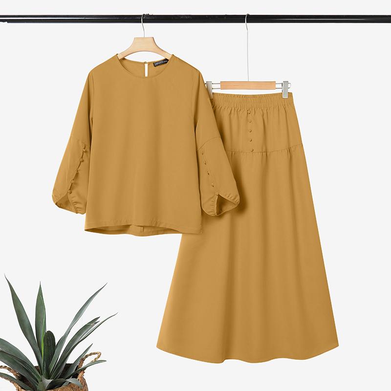 ZANZEA Damen Langarmbluse und Lange Röcke Lässige Zweiteiler Anzugsets