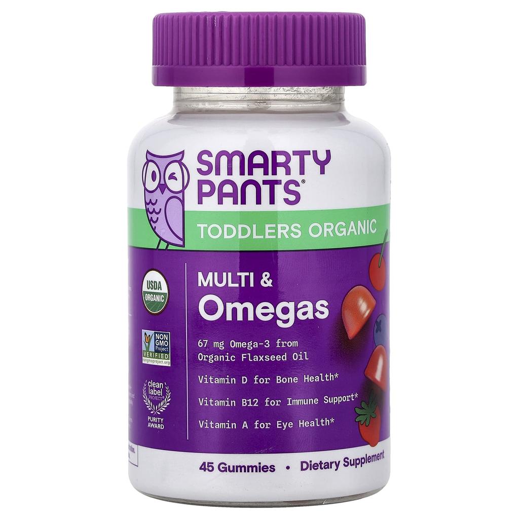 SmartyPants, Organic Gummy Jelly for Toddlers, Multi & Omega Gummy Jelly, Mixed Berry & Cherry Flavor, 45 Gummy Jelly Pieces