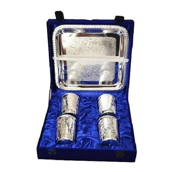Silver Plated Embossed Glass Tumbler Water Glass for Drinking Water | Pack of 5 | Royal Look Red Velvet Box | Best for Gifting in Any Occasion