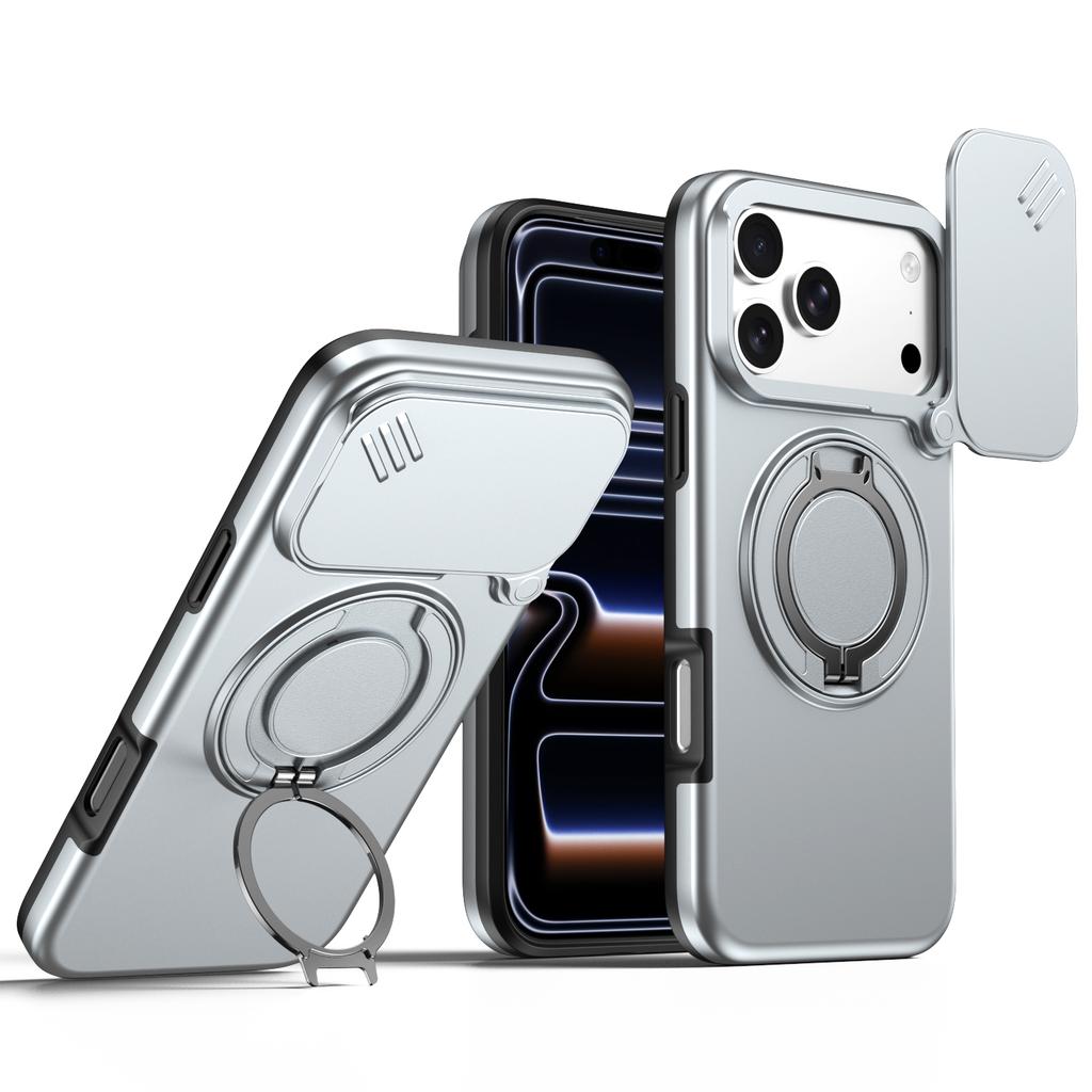 Sliding Camera Lens Protection Armor Case For iPhone 13 14 15 16 Plus Air 17 Pro Max Metal Ring Stand TPU Frame Plastic Cover
