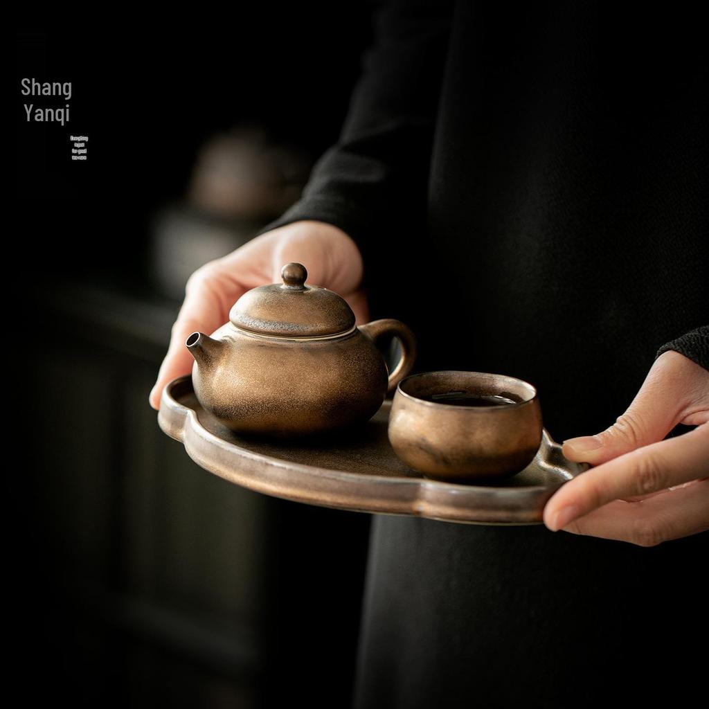 2026 New Style Gilded Rust Glaze Ceramic Teapot Kung Fu Tea Set for One – Includes One Pot and One Cup