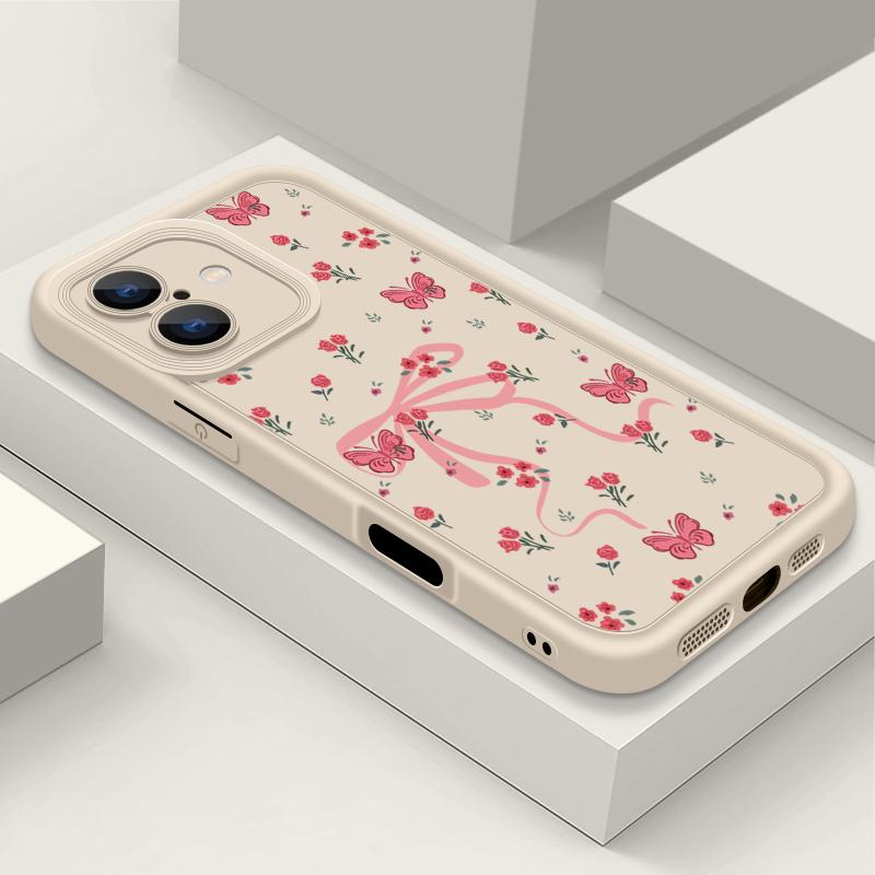 Carcasă Mată TPU cu Imprimeu Floral și Fundă pentru iPhone 16 Pro Max 15 Pro 14 13 12 11 XS XR Protecție Obiectiv Rezistent la Șocuri Husă Moale Silicon Telefon