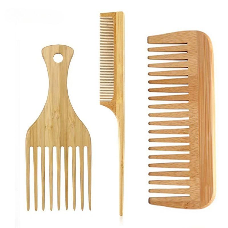 Natural Bamboo Wooden Hair Combs Anti-Static Afro Fork Comb Wide Tooth Combs Rat Tail Hair Brush Women Barber Styling Tools