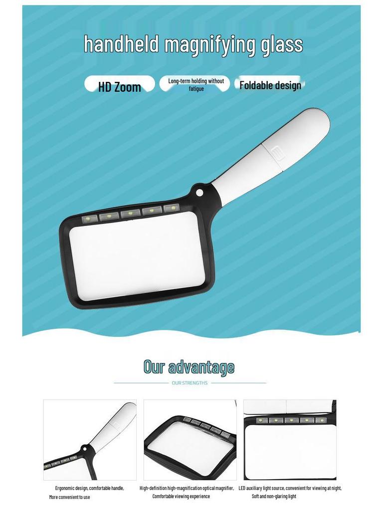 Hopfällbar förstoringsglas med 5 LED-lampor, 3x förstoring, Idealisk för äldre som läser tidningar