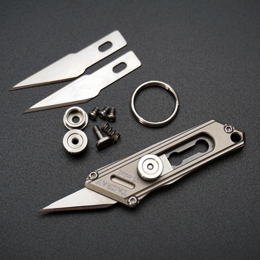 Titanium Alloy Utility Knife Push Pocket Knife Portable Bottle Opener Crowbar Outdoor Survival EDC Tool Keychain Unboxing Cutter