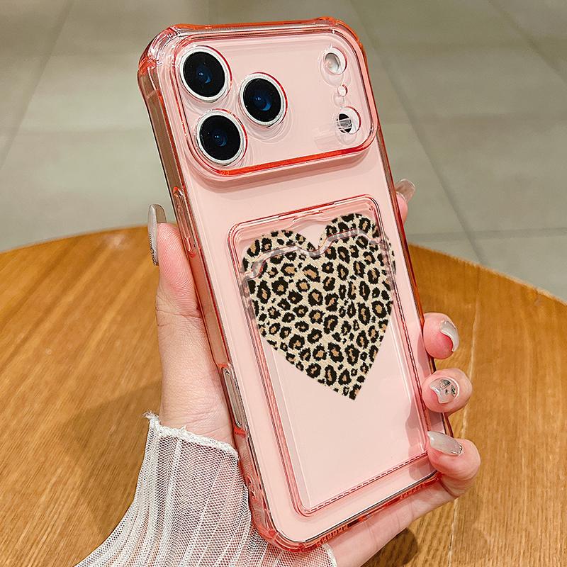 Card Slot Pocket TPU Case For iPhone 17 Pro Air 16e 16 15 14 13 Pro Max 12 11 Leopard Print Love Heart Pattern Soft Phone Cover