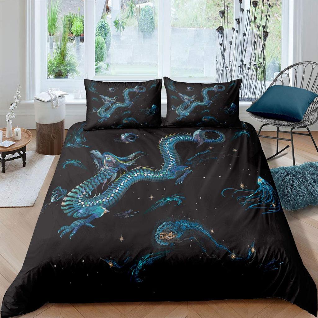 Boys Dragon Comforter Cover Queen Queen Full Size Colorful Dragon With Wing Bedding Set Trippy Magical Animal Duvet Cover Set