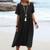 Summer Loose Casual Cotton Linen Solid Color Round Neck Short Sleeved Mid Length Dress for Women Casual Dresses