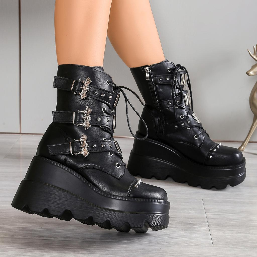 Fashion Women's Goth Platform Motorcycle Boots Punk Rivet Buckle Strap Combat Booties for Women Thick Bottom Wedge Heels Mid Calf Shoes