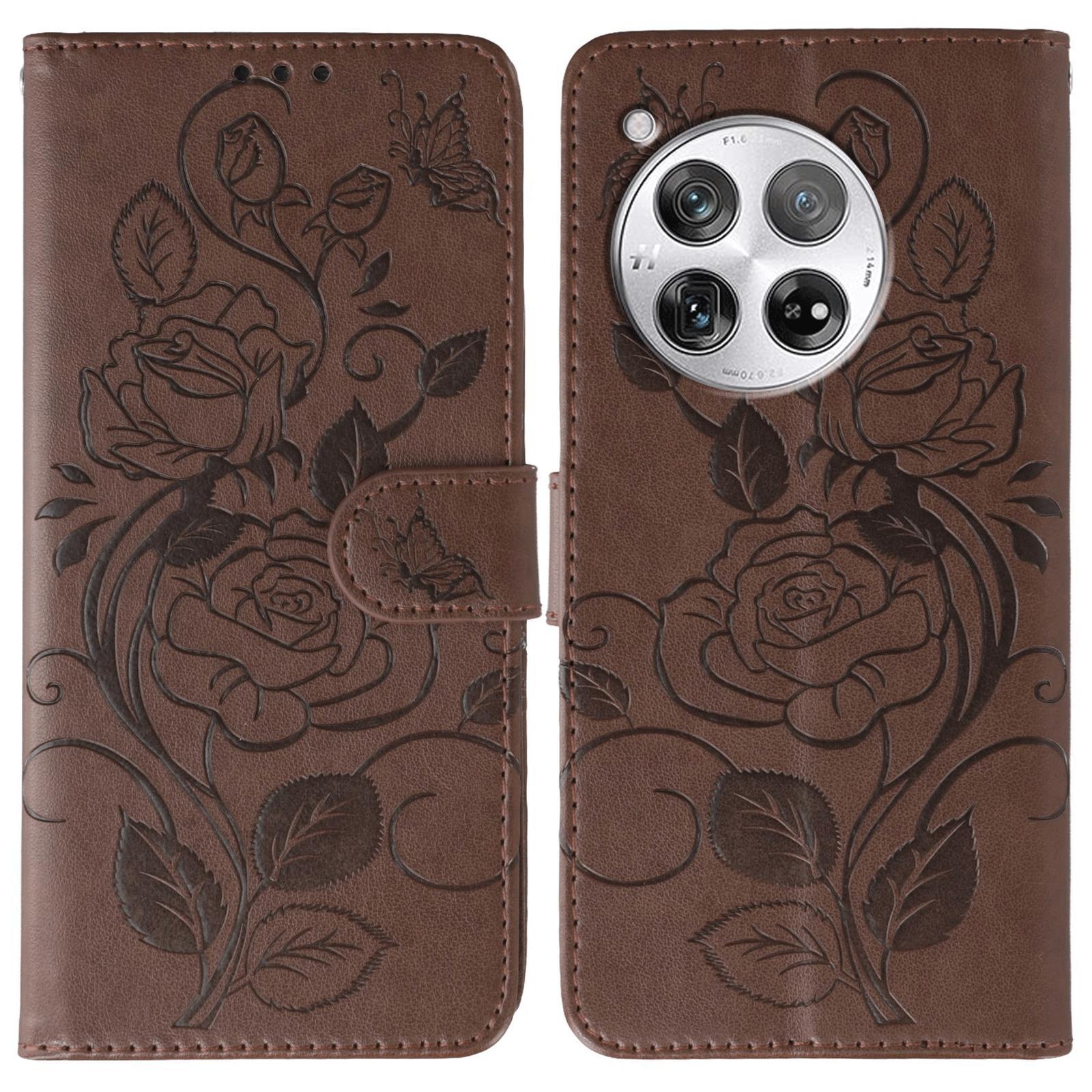 

For OnePlus 12 5G Case Wallet Stand Imprinted Rose Butterfly PU Leather Phone Cover Brown