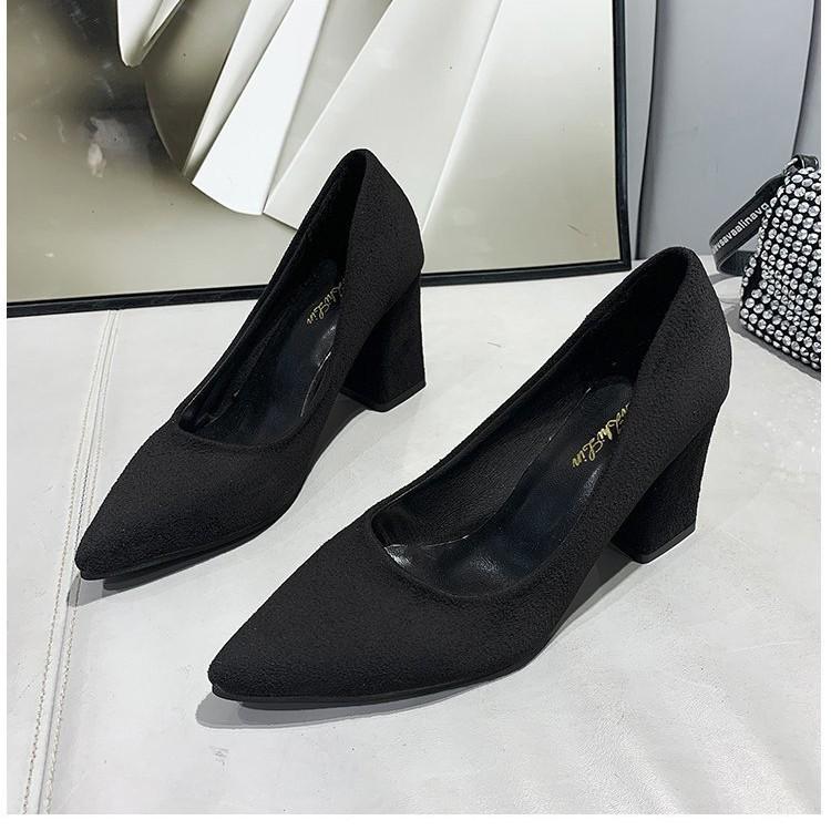Women's Black Suede Chunky Heel High Heels - Comfortable Professional Formal Shoes