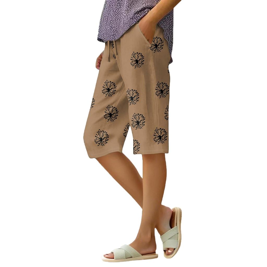 Pantaloni scurți largi de vară pentru femei, cu talie elastică și șnur, din bumbac și in floral