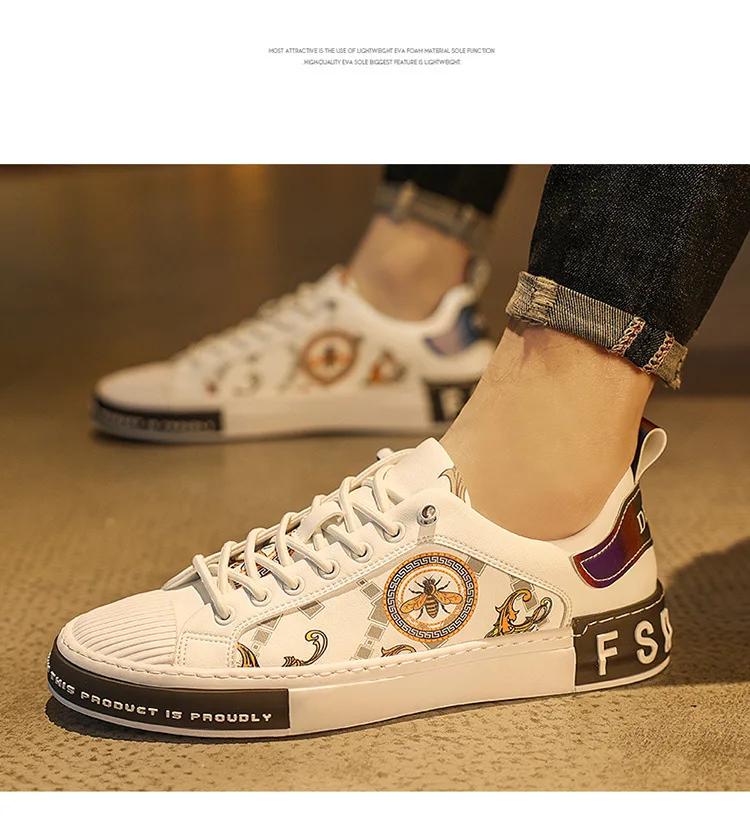 Mode Frühling Neue Herrenschuhe Trend Leder Freizeitschuhe Blumenmuster Weiß Flats Skateboard Schuhe Street Cool Slipper