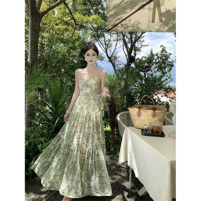 Kaffeepause Französisches Florales Latzkleid Damen Taille und Dünnes Temperament Fortgeschrittener Sinn Spice Girl Urlaub Langer Rock