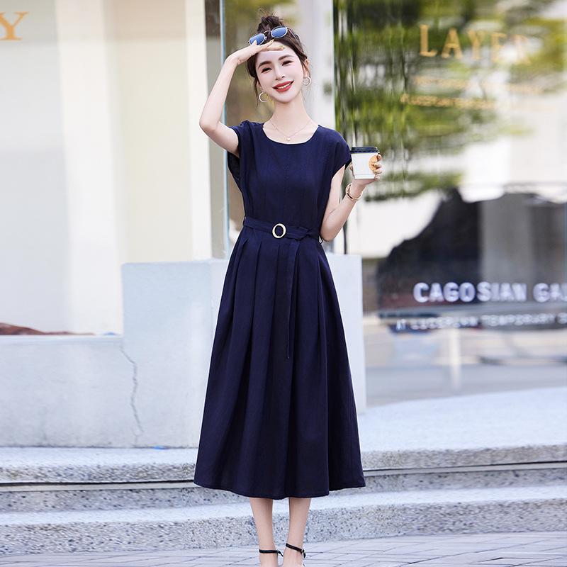 

Short-sleeved dress women s summer new light luxury design temperament commuting waist thin simple and generous skirt XL Темно-синій