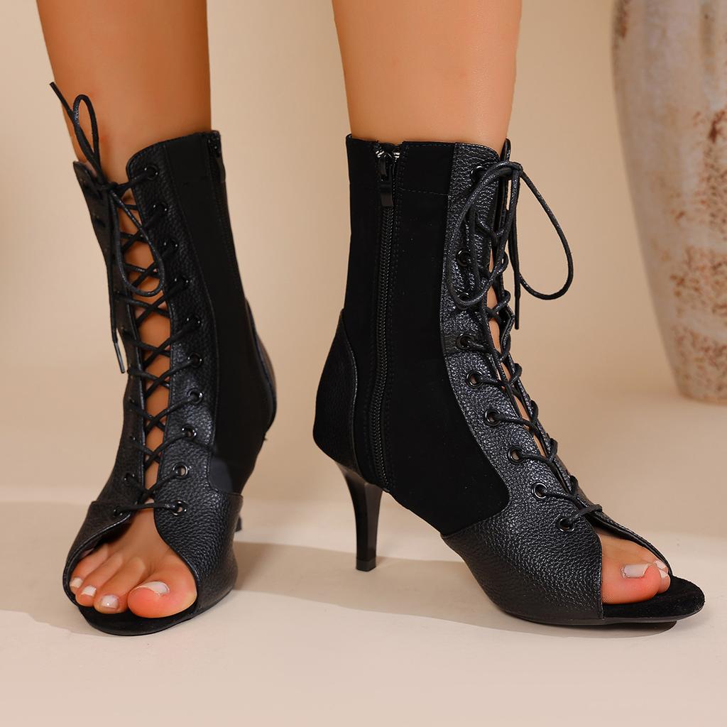 Fashion Women's Stiletto Boots 2025 Summer New Casual High-top Sandals Fashion Banquet High-heeled Black Lace-up Sandals 7cm 9cm.