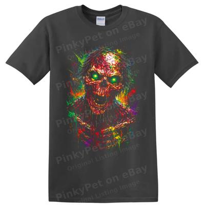 Zombie Skull T Shirt Neon Splatter Horror Art Gothic Halloween Graphic Red Tee