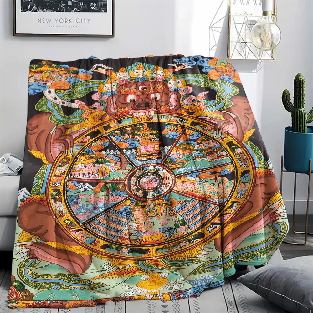 1Pc Buddhism Wheel Print Flannel Blanket, High quality Comfortable for All Seasons, Home Decor, Warmth and Comfort, Perfect for Christmas Gifts