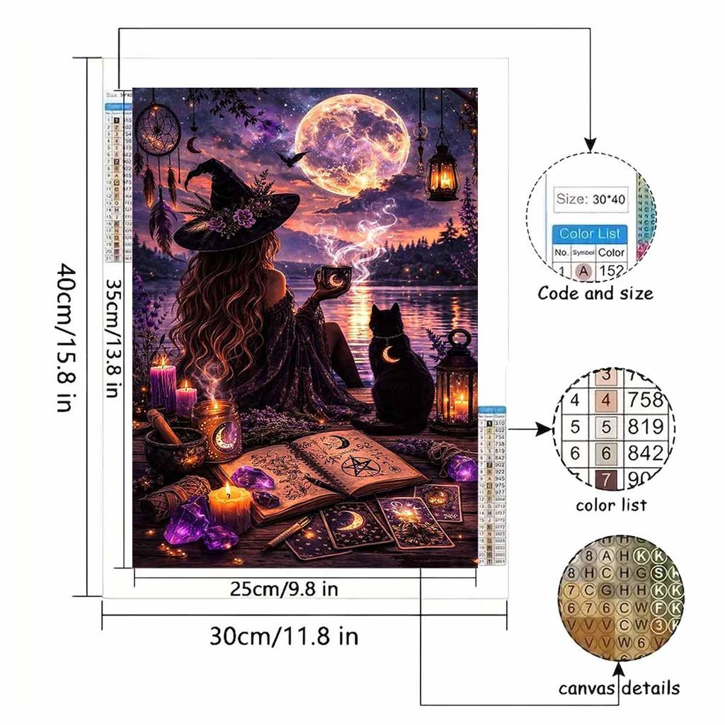 Diamantmalerei Set DIY 5D Vollbohrer Hexe Mond Katze Fantasy Bastelarbeiten für Heimwanddekoration