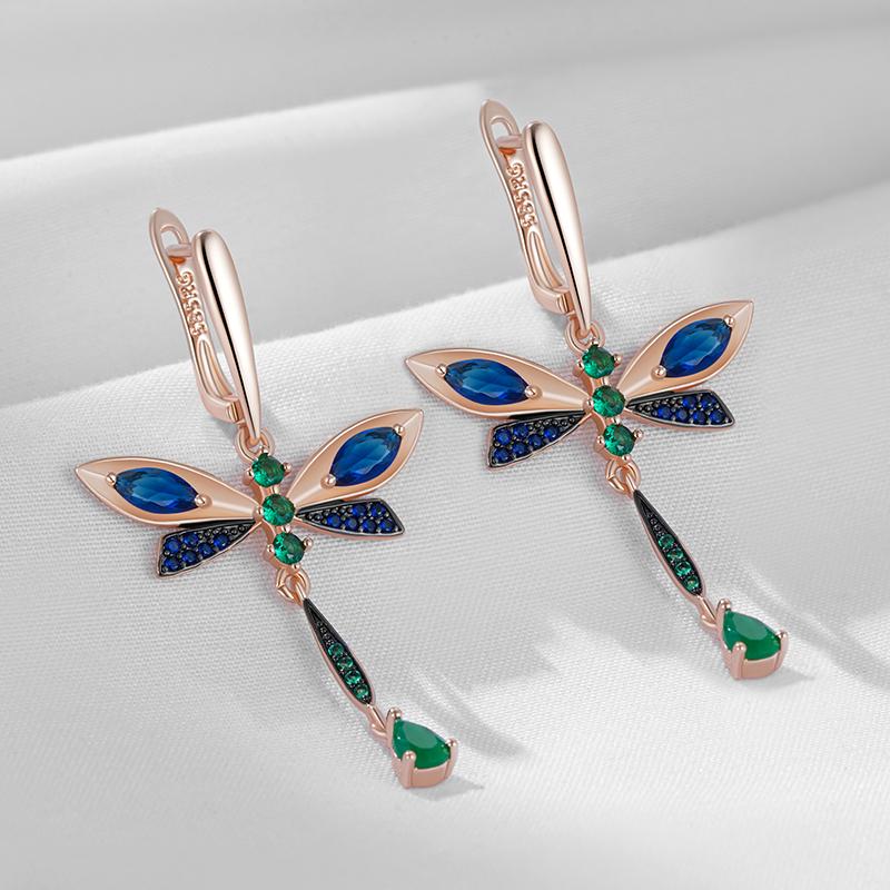 Blaue Natürliche Zirkon Libellen Hängeohrringe für Frauen Roségold und Schwarzgold Farbe Vintage Täglicher Feinschmuck