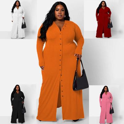 Summer Women's Plus Size Fashion Party Long Dresses Lapel Collar Button Up Long Sleeve Solid Color Prom Baggy Dress