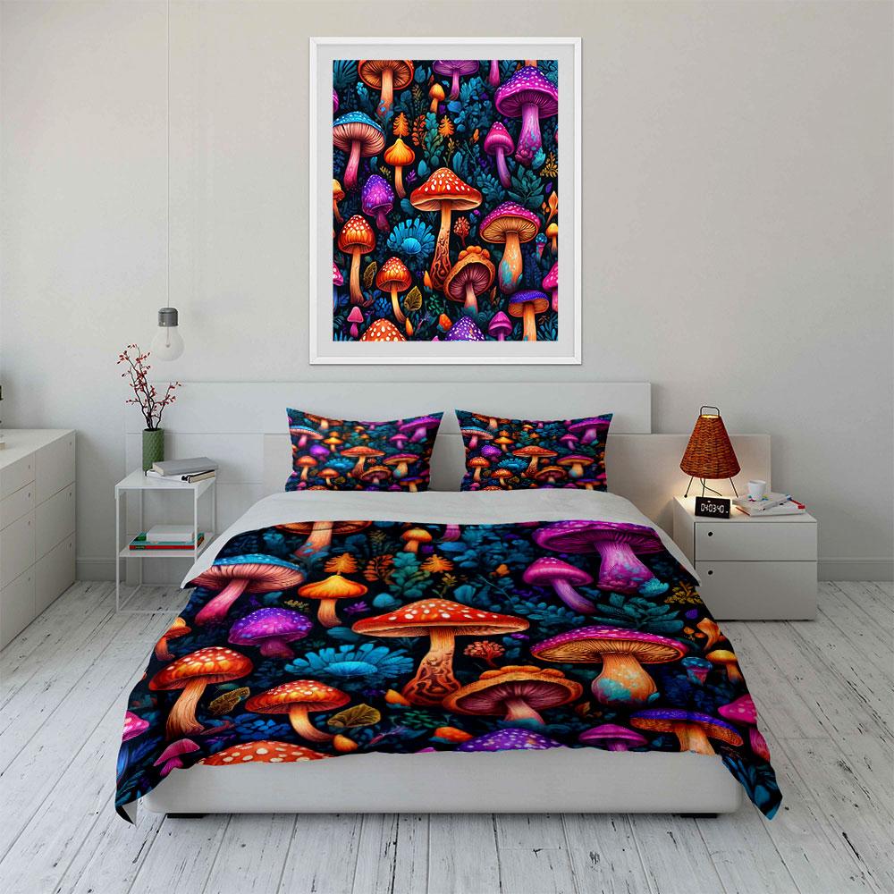 Colorful Mushroom Forest Pattern Bedding Duvet Cover Set Duvet Cover Pillowcases (1 * Duvet Cover 2 * Pillowcases, Without Duvet Insert)