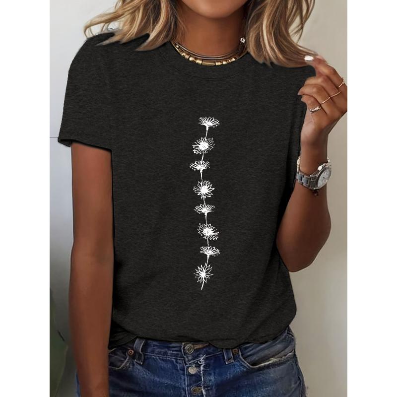 

European Size Casual Top for Women, Round-Neck Short-Sleeve T-Shirt with Sunflower Pattern, Suitable for Spring and Summer 4XL чорний