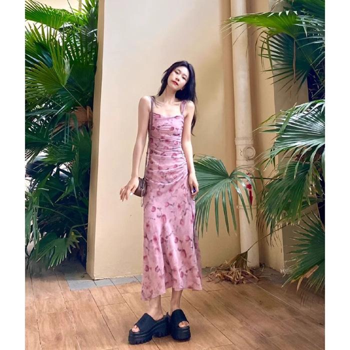 French pink floral suspender dress children's summer new temperament beautiful and thin beach dress