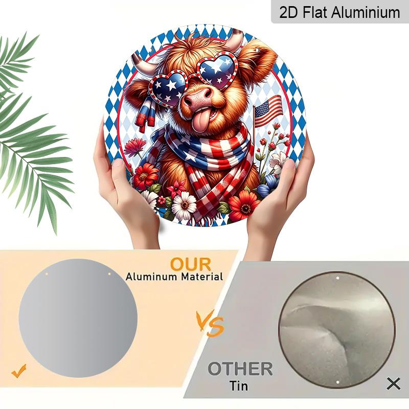 2D Flat, 1pc Patriotic Highland Cow Metal Wall Decor - Flag Colors (Red, ) - Heavy-Duty Aluminum Plate - Round Decoration for 4th of July, Father'S