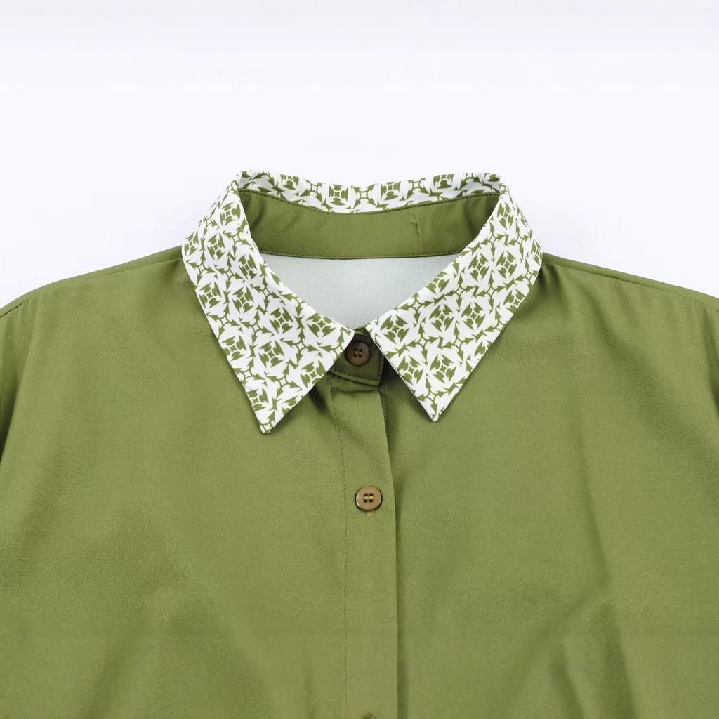 Europäisches Frühlings-Schmal geschnittenes langes Kleid mit Gürtel, Revers, Aufdruck und Patchwork