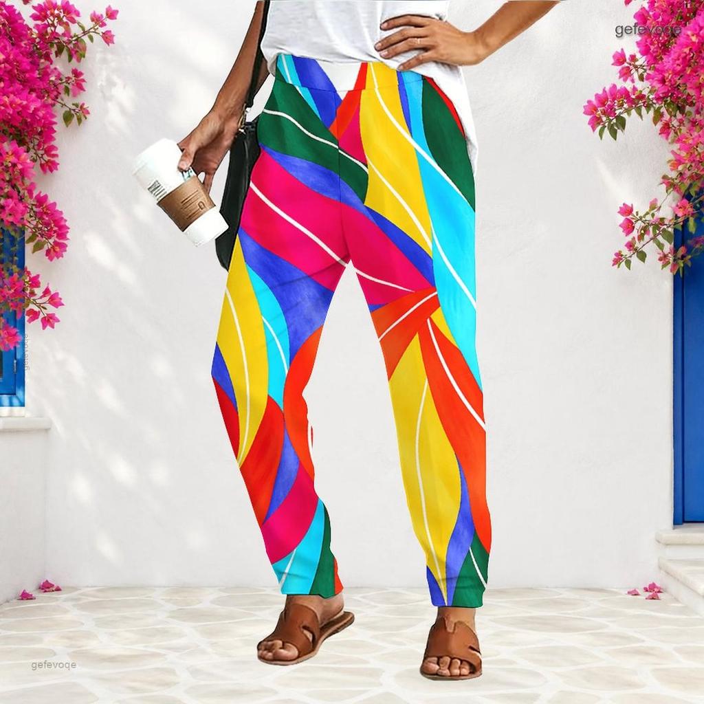 Women Plus Size Loose Straight Long Pants Blue White Printed With Pockets