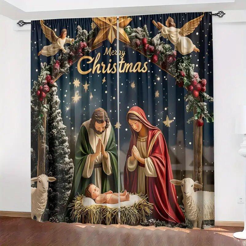Christmas Themed Curtains Pole Bag Home Decoration Room Window Set Of 2 Made Polyester