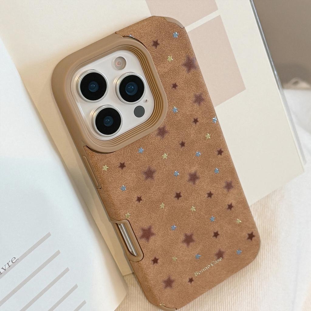 Gilt Stars Are Suitable for Iphone17promax Apple 16 Mobile Phone Case 15 Autumn and Winter Retro Brown 13 Leather 11 Soft Shell