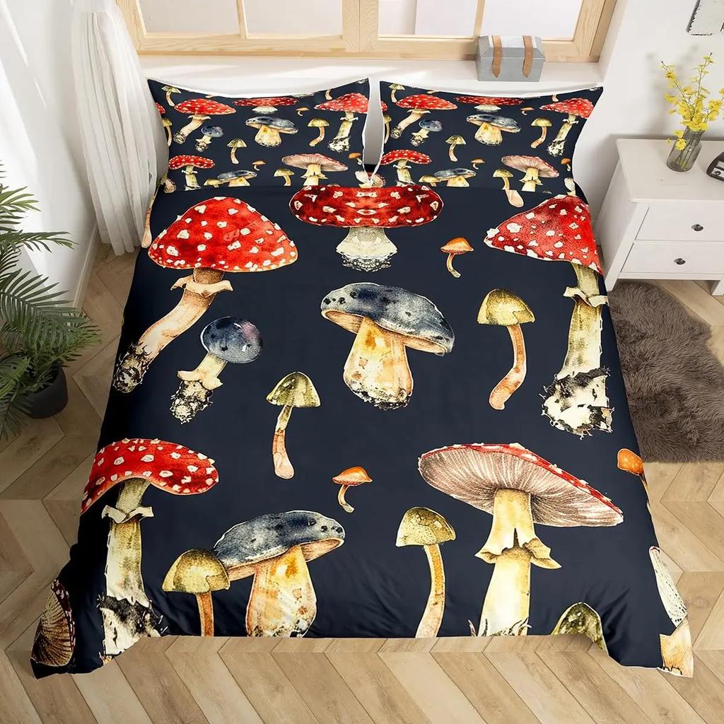 Comforter Cute Mushroom Bedding Set King Queen Size Botanical Comforter Wild Fungus Colorful Plants Leaves
