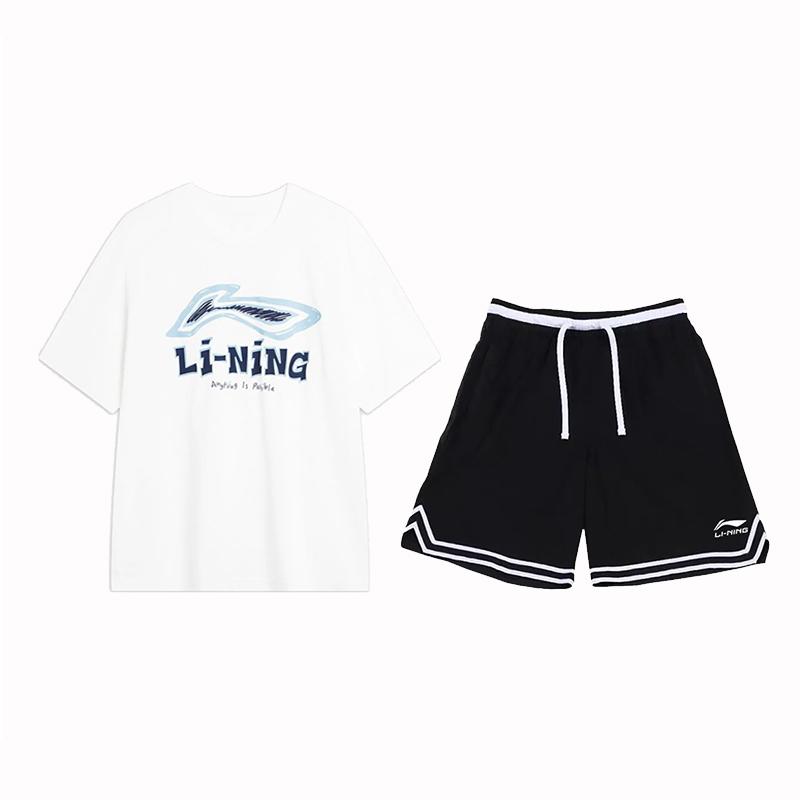 Li-Ning Quick-Drying Antibacterial Fashionable Comfortable Drop Shoulder Drawstring Casual Sports Suit Men suits AHSU711-2+AAPS097-1 S