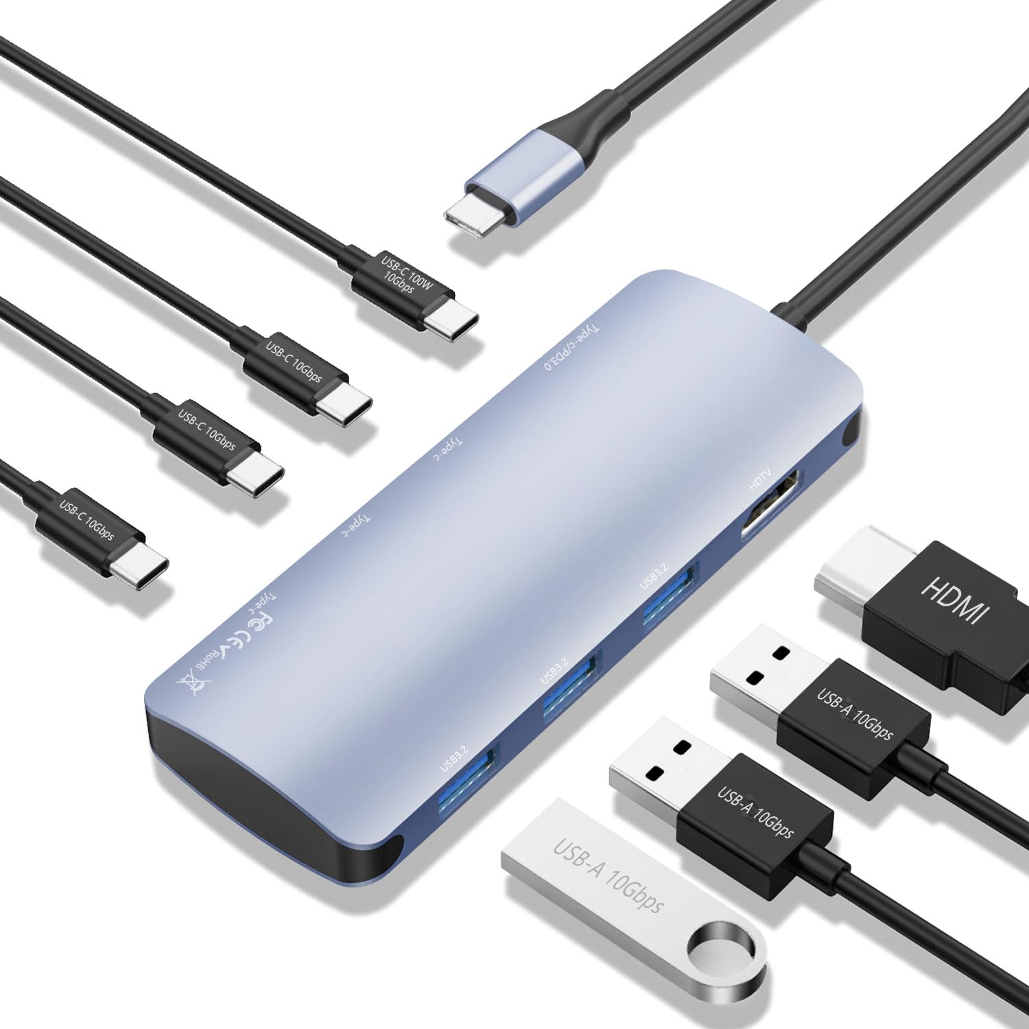 

Хаб с 3 портами USB-A Gen2 10 Гбит/с, 1 портом USB-C 10 Гбит/с с Power Delivery 100 Вт, 1 портом USB-C 10 Гбит/с для MacBook Pro и других устройств Type-C, 8-в-1 USB-C, HDMI 4K@60 Гц, USB-C