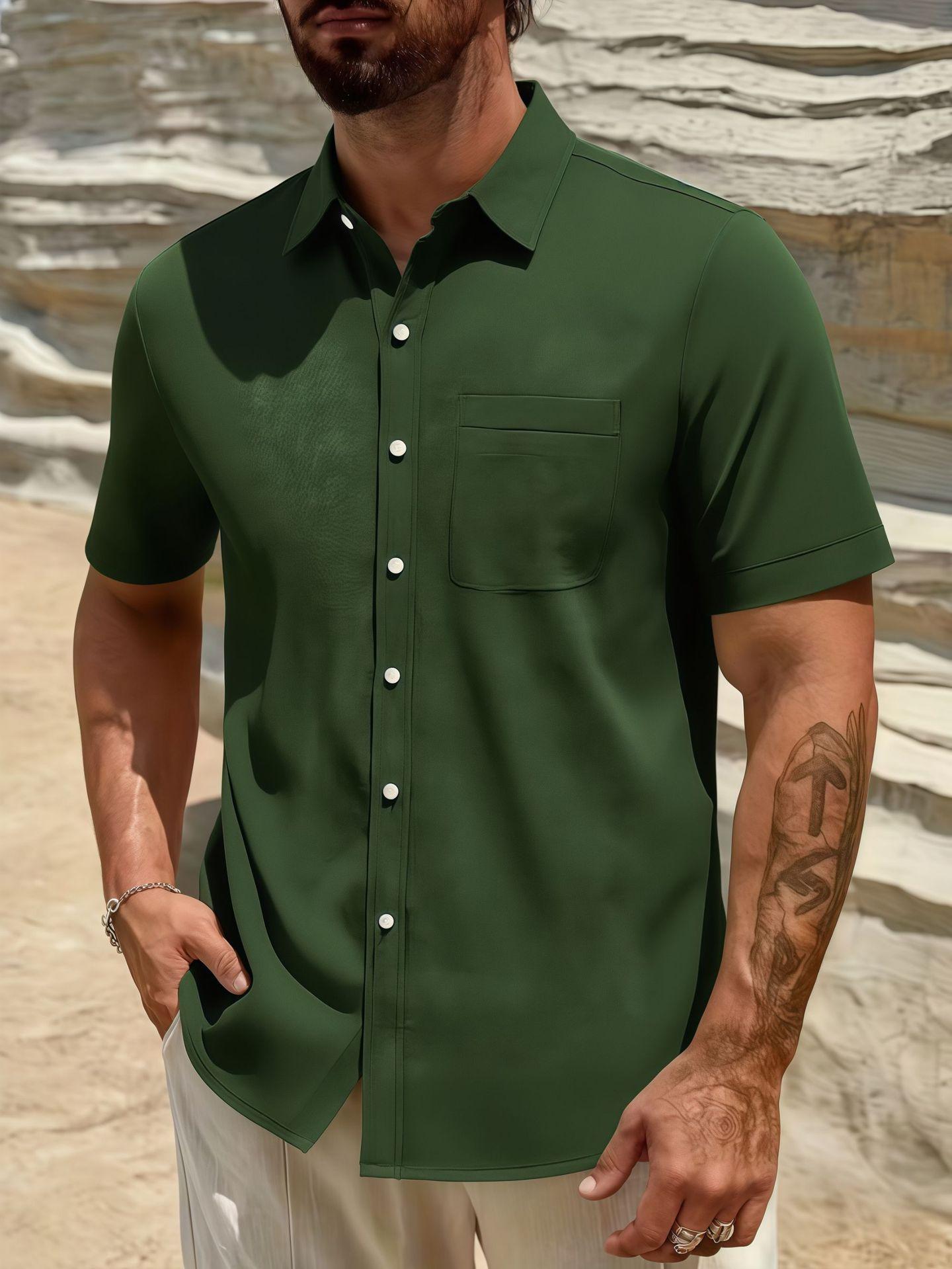 

Men s Collared Shirt Pocket Casual Short-sleeved Shirt Versatile T-shirt L армия зеленый