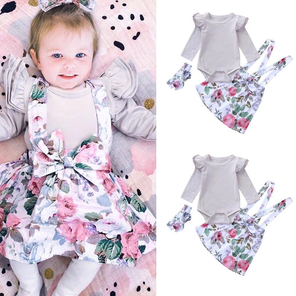 Baby Girls Long Romper Flowers Paint Dress Headband Outfit Clothes Set