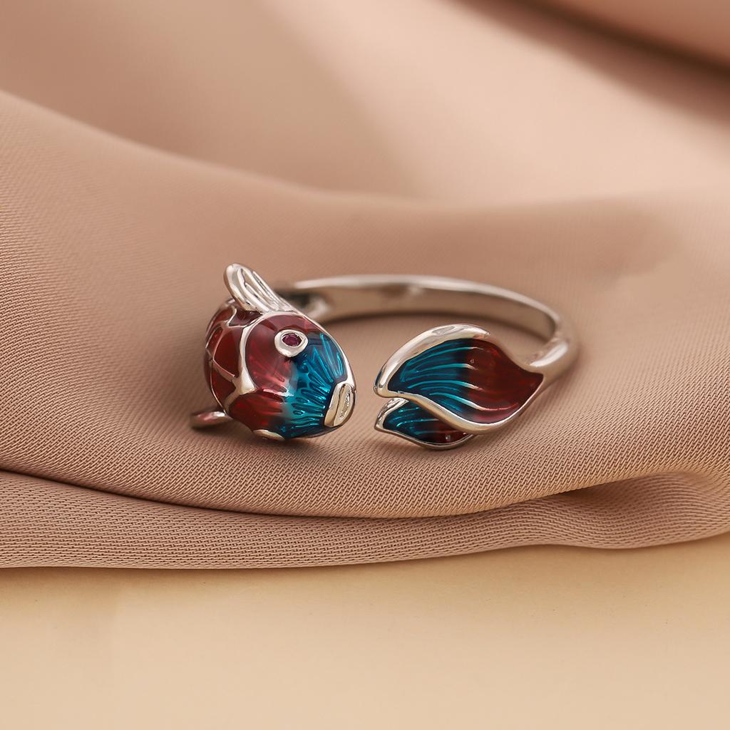 Creative Lucky Transfer Epoxy Blue Carp 925 Sterling Silver Jewelry Personality Colorful Fish Sweet Animal Opening Rings R318