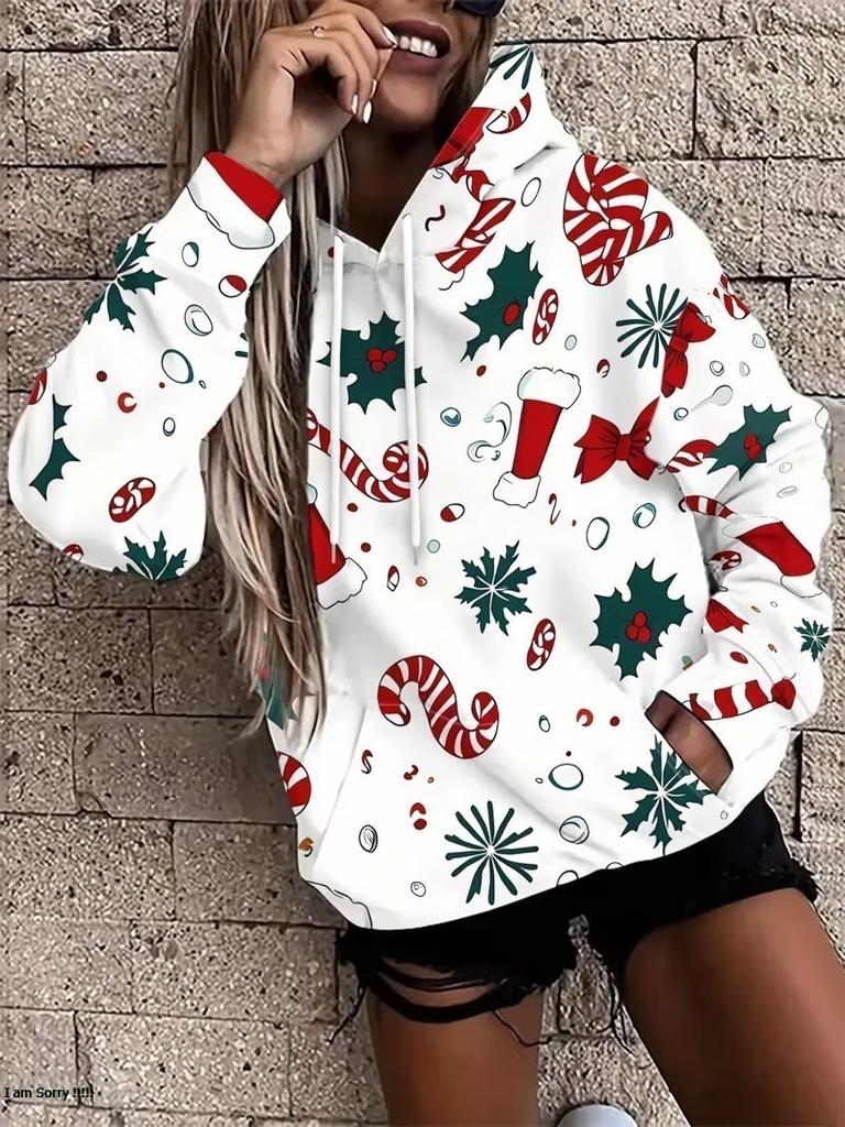 Damen Langarm Kapuzen-Thermo-Hoodie, Weihnachtsfeier-Oberteil, 3D lustiger Weihnachtsmann Schneeflocken-Print Freizeit-Hoodie