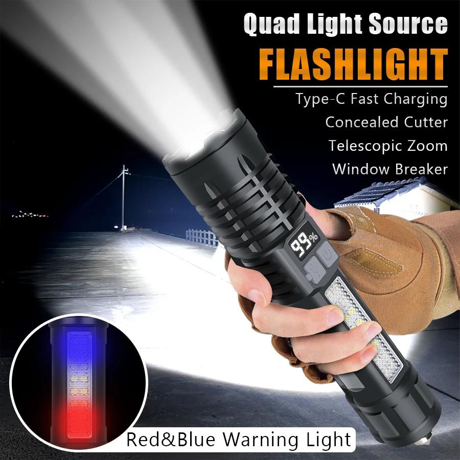 High Power LED Flashlight USB Rechargeable Light Telescopic Zoom Camping Torch with COB Side Light Multifunction Outdoor Lantern