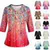 Top de Uniforme Floral para Mujer con Cuello en V, Bolsillos, Abertura Lateral y Mangas de Tres Cuartos